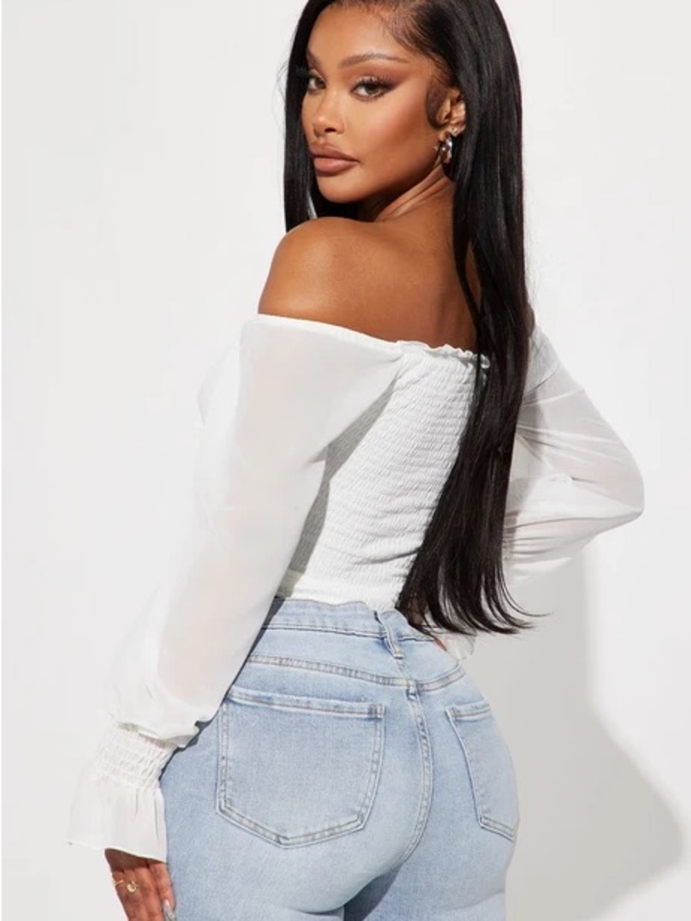 White Off-Shoulder Ruched Drawstring Crop Top - Picture 3 of 3